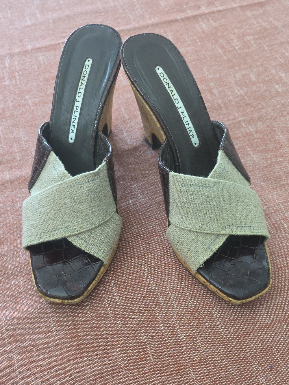 Donald J. Pliner Brown Croc & Beige Fabric Crossover Mule Heels